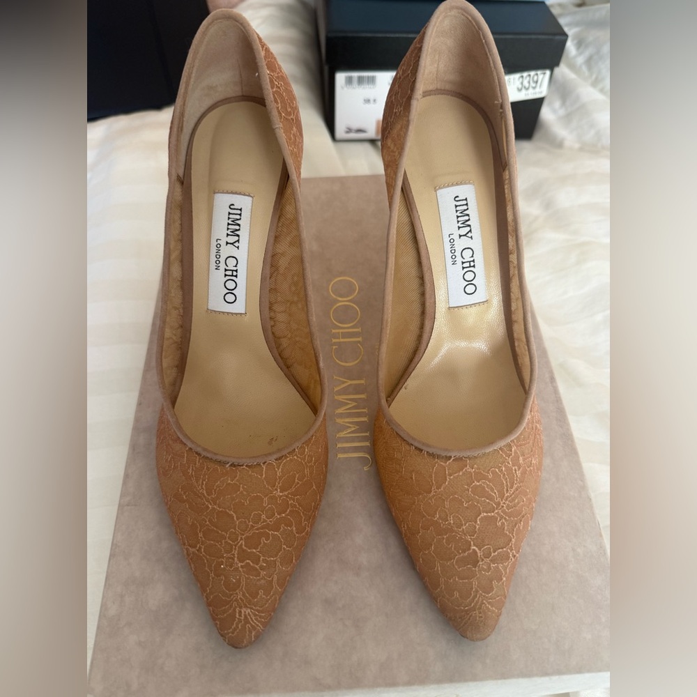 Jimmy Choo  High Heel Pointed Toe Lace Covered Pumps Romy 85 NWT SIZE 38